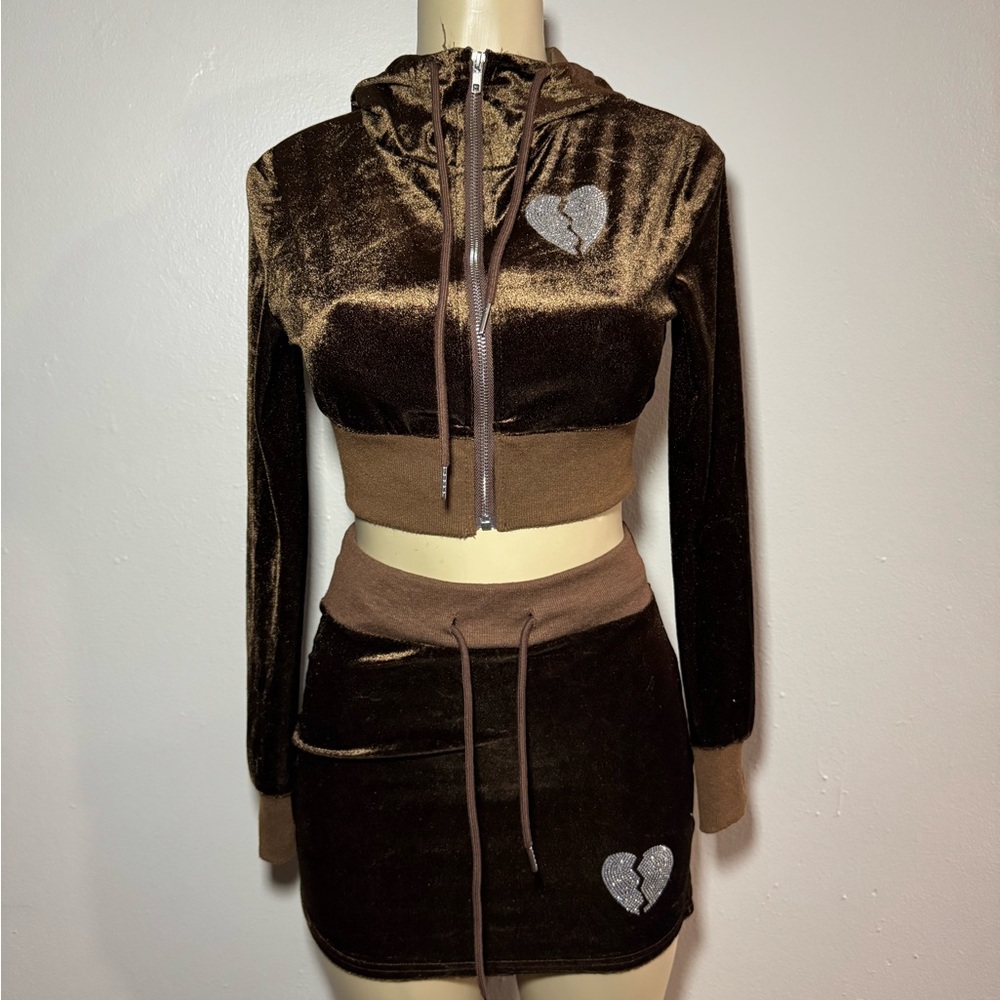 SHEIN Chocolate Velvet Skirt Set w/ Heart Accents